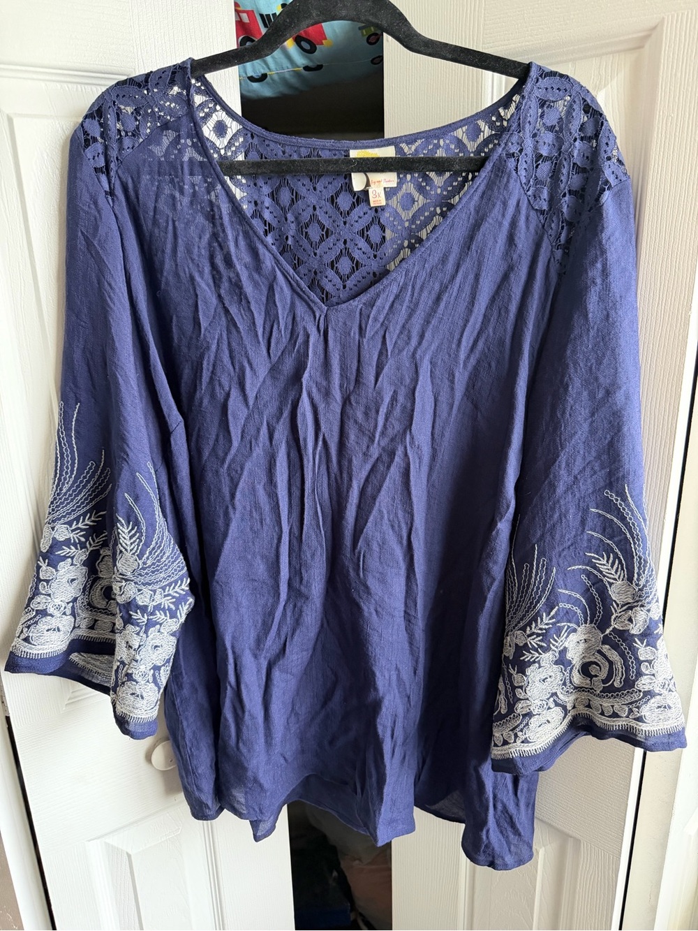 Fig and Flower Anthropologie Navy Blue Embroidered V-Neck Tunic